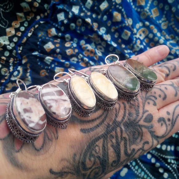 ❤ Artisan Malingo Jasper SS .925 Chunky Earrings w Ornate Bevel! - Picture 3 of 6